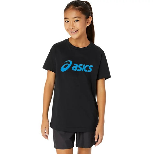 ASICS Junior Kids / Youth Unisex Logo Top Tee Shirt (Black-Blue)